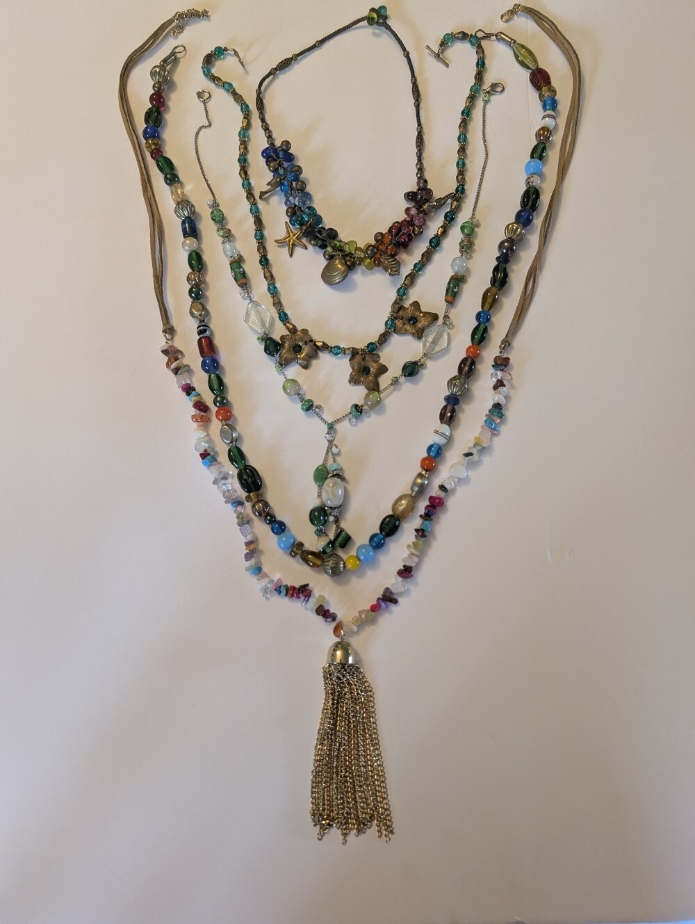 Vintage Necklace Bundle 5 Multicolor Layered Glass Beads Necklace Gold Tassel